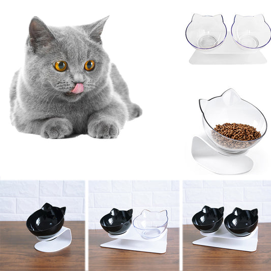 Hlopaw Cat Double Bowl – 15° Tilt Food & Water Feeder, Anti-Slip Elevated Bowl for Cervical Spine Protection